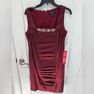 R & M Richards Burgundy Vintage Sleeveless Dress, Jeweled Neckline, Size 14, NWT
